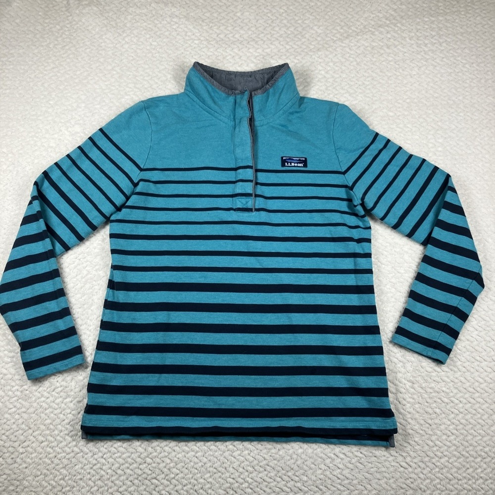 LL Bean Womens Rugby Henley Shirt Medium Blue Striped Preppy Academia Athletic